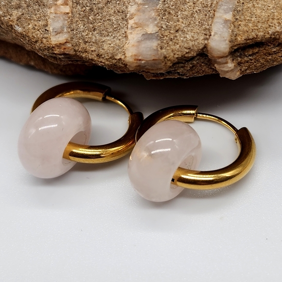 Johnny Was Genuine Rose Quartz 14K Gold plated Hoops studs Earrings